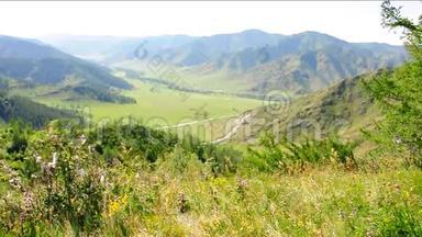 一个风景如画的山谷，在山口的开头被山脉包围。